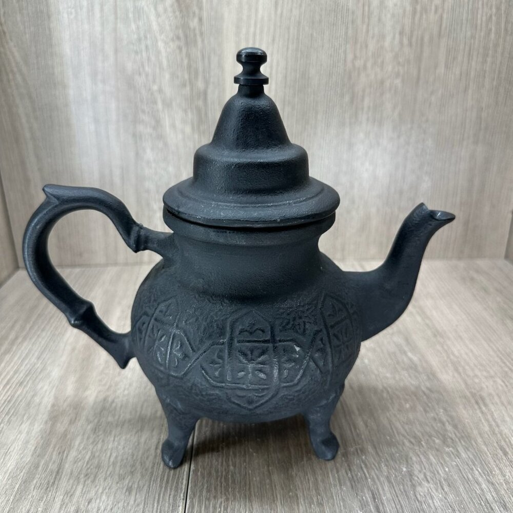 Vintage Ornate Cast Iron Moroccan Teapot w/ Lid Textured Matte Black